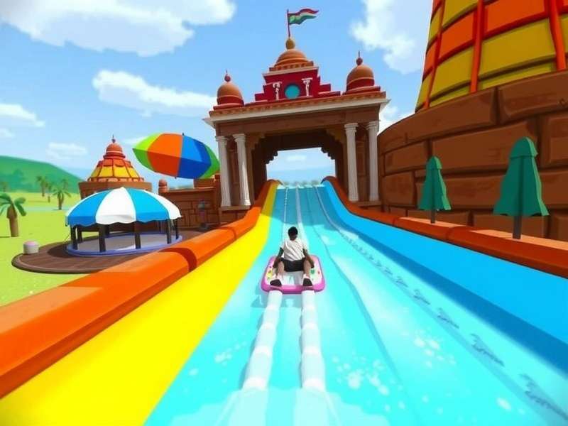 Indian Tropical Aqua Fun - Gameplay Screenshot Indian Tropical Aqua Fun gameplay showing a player sliding through a temple-themed water slide